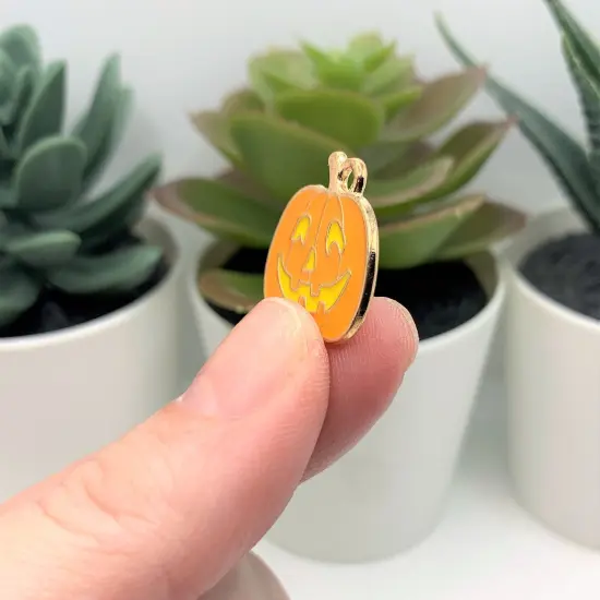 Orange and Yellow Enamel Jack O Lantern Pumpkin Charms, 20x20mm {4}
