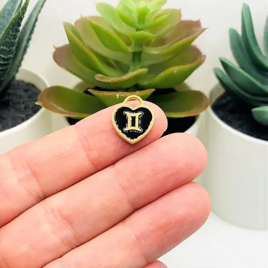 Black Enamel and Gold Zodiac/Astrology Heart Charms, 14x12mm {2}