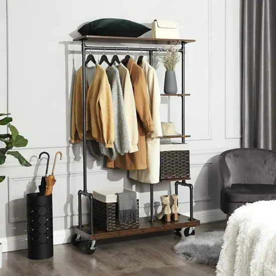 Rustic Brown Farmhouse 5 Tier Laundry Pipe Garment Rack with Wheels Industrial Storage Organizer {2}