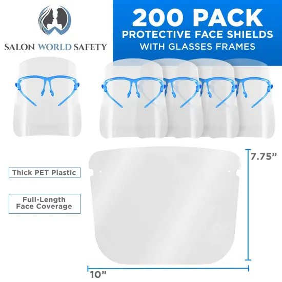 Face Shields with Blue Glasses Frames (20 Packs of 10) - Ultra Clear Protective Full Face Shields to Protect Eyes, Nose, Mouth - Anti-Fog PET Plastic {2}