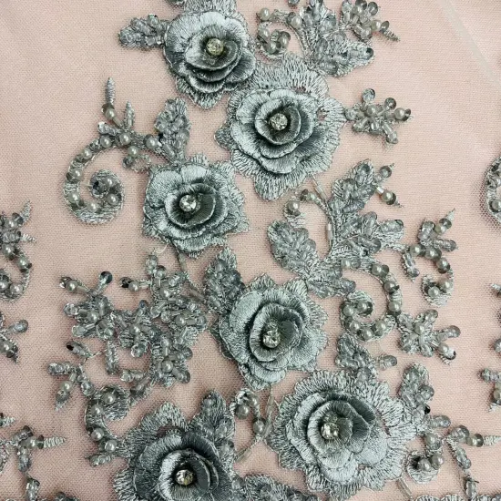 1 Yard Beaded & Rhinestone 3D Floral Embroidered Lace Fabric, Black Polyester Mesh, 54&rdquo; Wide Silver {7}
