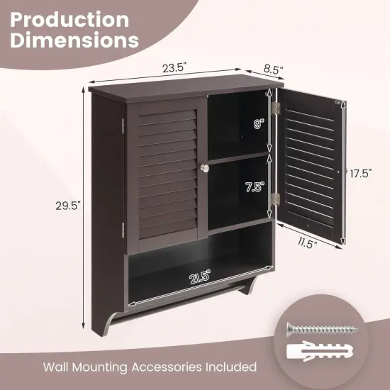 Wall-Mounted Bathroom Medicine Cabinet with Louver Doors and Towel Bar Brown {2}