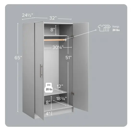 65-Inch Freestanding Tall Cabinet with Clothing Rod and Shelves for Bedroom or Kitchen Storage Light Grey {2}