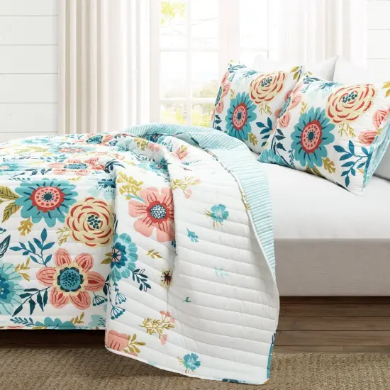 Teal Blue Pink White Polyester 3-Piece Reversible Floral Quilt Set {2}