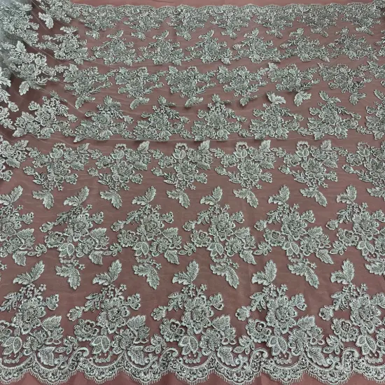 1 Yard Beaded & Corded Embroidered Bridal Lace Fabric, 100% Polyester Net Mesh, 52"-54" Wide Silver Metallic {1}