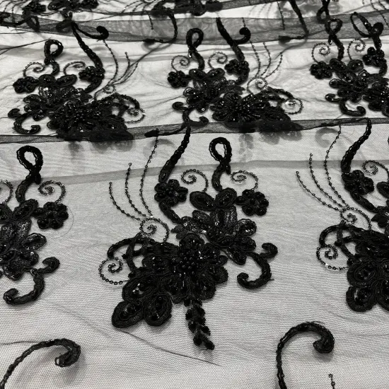 1 Yard Luxury Beaded and Corded Lace Fabric Embroidered Soft Polyester Net Mesh 54" Width Navy {5}