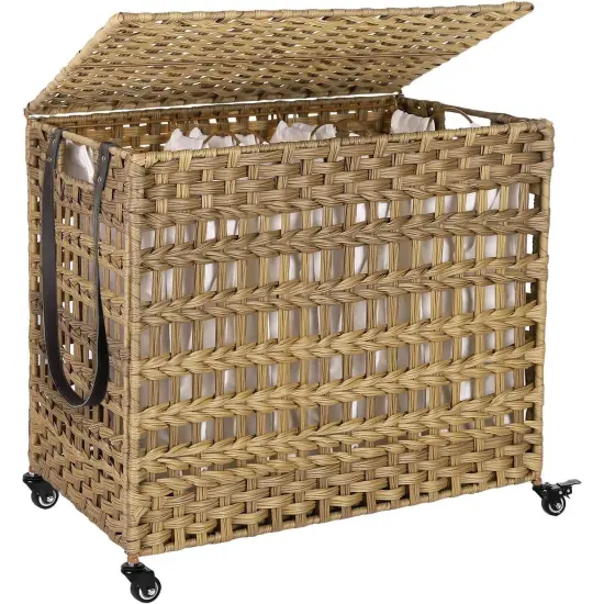 3-Basket Foldable Laundry Sorter Cart with Removable Bags and Locking Wheels for Home Grey {7}