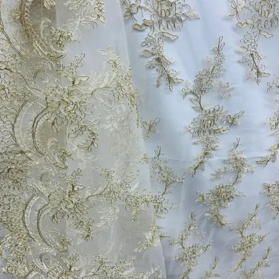 1 Yard Elegant Corded Bridal Lace Fabric Embroidered on 100% Polyester Net Mesh 51 inch Width Silver {3}