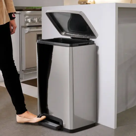 Grey Stainless Steel 13-Gallon Trash Can with Step-On Pedal and Soft-Close Lid {5}