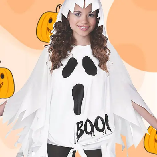 Ghost Child Halloween Poncho Costume with Printed Design {4}