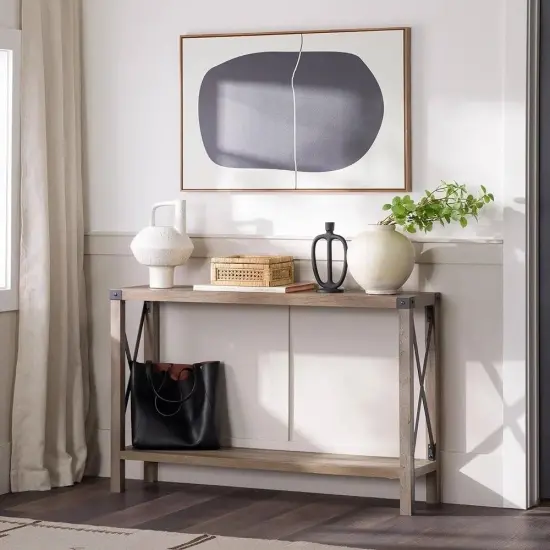 Modern Wood Finish Entryway Console Table with Lower Shelf and Metal Accents for Shoes or Decor Grey {5}