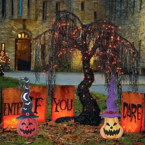 Set of 2 Pumpkin Garden Stakes with Witch Hats {2}