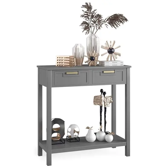 Modern Acacia Wood Entryway Table with Drawers Waterproof MDF Accent Cabinet Grey {3}