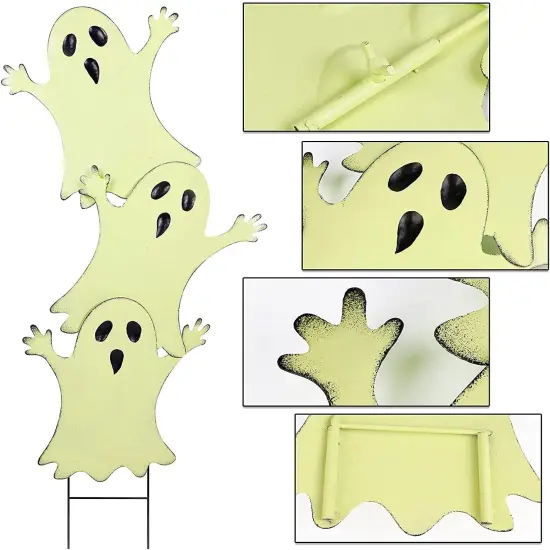 Halloween Yard Stake, 38.6" Glow in The Dark Metal Stacked Ghost with Green {3}