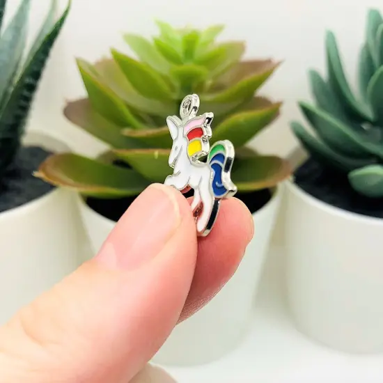 White and Rainbow Enamel Unicorn Charms, 20x21mm {4}