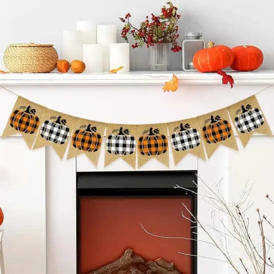 Fall Pumpkin Plaid Banner - White Black Plaid {1}