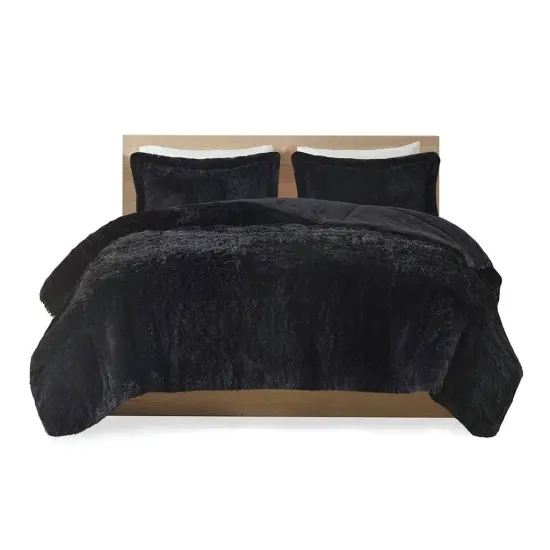 Black Soft Sherpa Faux Fur 3-Piece Comforter Set with Pillow Shams {1}
