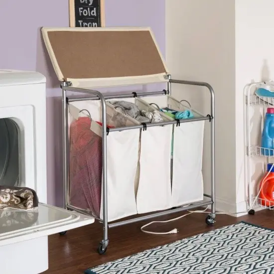 Beige Fabric 3-Section Wheeled Laundry Sorter with Folding Ironing Board {5}