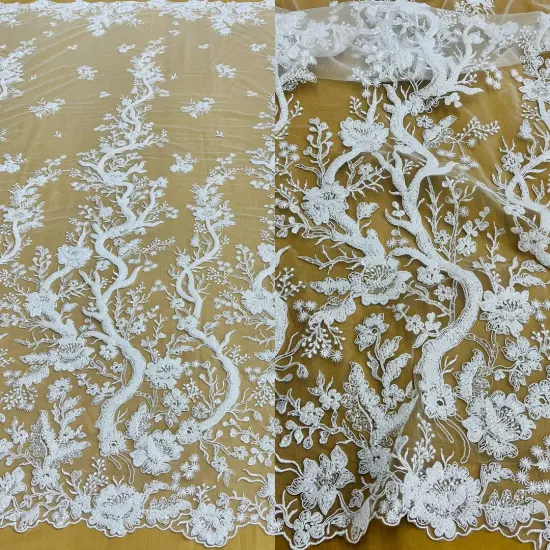 1 Yard Ivory Gold Beaded & Sequined Embroidered Lace Fabric on Polyester Mesh 48" Width Ivory with Gold {6}