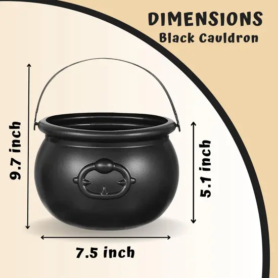 4E&rsquo;s Novelty 7.5" Black Plastic Cauldron Candy Bowl &ndash; Large Halloween Witch Pot Bucket for Trick or Treat, Party Table Centerpiece, St. Patrick&rsquo;s Day Pot of Gold, Leprechaun Decor, Wizard Accessory {2}