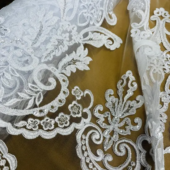 1 Yard Elegant Beaded and Corded Bridal Lace Fabric Embroidered on Polyester Net Mesh 51" Width Ivory with Silver {6}