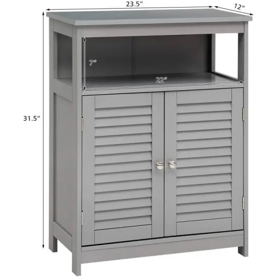 Bathroom Floor Cabinet with Louvered Doors and Open Shelf, Adjustable Storage Organizer Grey {2}