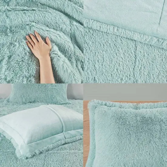 Soft Sherpa Faux Fur Comforter Set Light Teal Blue Hypoallergenic Polyester Bedding {5}