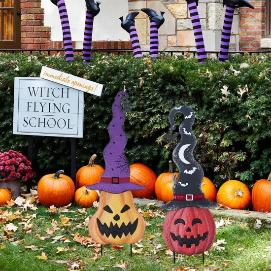 Set of 2 Pumpkin Garden Stakes with Witch Hats {5}