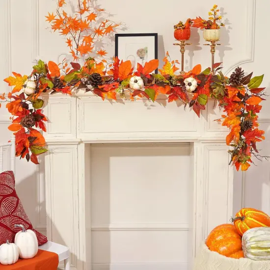6 FT Fall Garland with White Gilded Pumpkins {5}