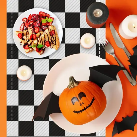 13x72 Inch Long Linen Fall Cute Plaid Bat Pumpkin Table Runner {5}
