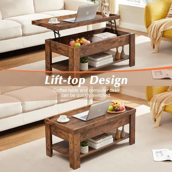 Modern Adjustable Lift Top Coffee Table with Hidden Storage Shelf for Living Room and Office Brown {5}
