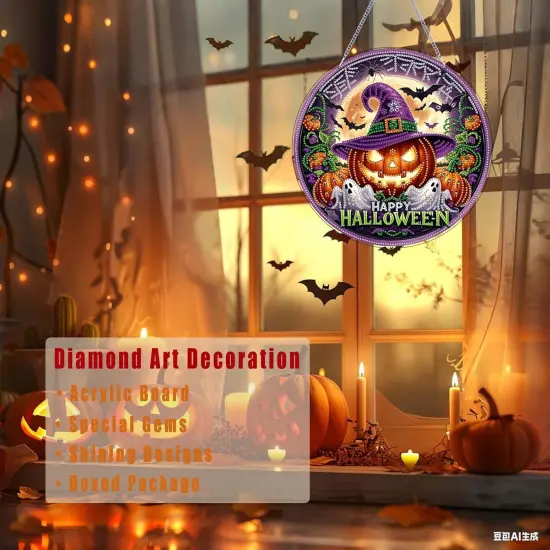 Halloween Diamond Art Painting Kit, Hanging Double Sided (Yellow-Pumpkin) {2}