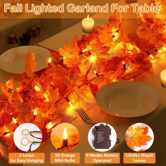 10Ft 50 LED Fall Garland with Lights - Battery Operated (Orange) {3}