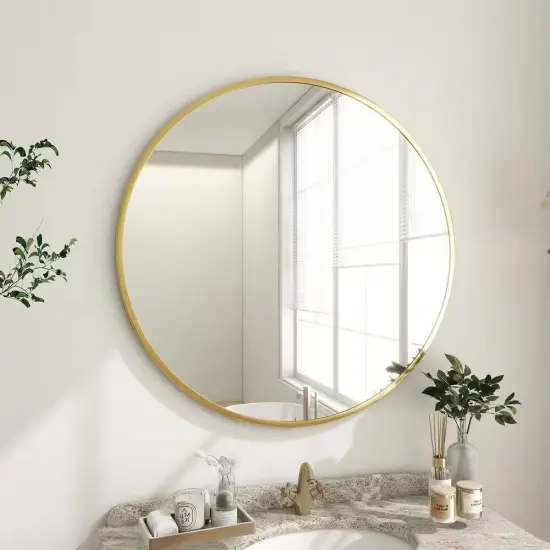 Modern Round Bathroom Wall Mirror with Metal Frame and HD Glass for Bedroom or Hallway {9}
