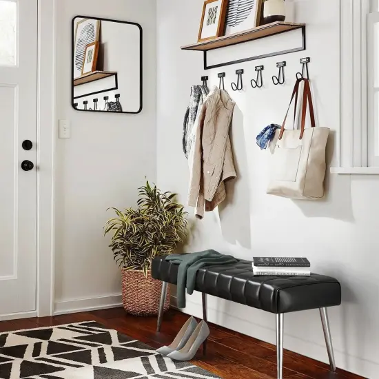Modern Bedroom Bench with Tufted PU Leather Seat and Tapered Metal Legs for 3 Seating Black {3}