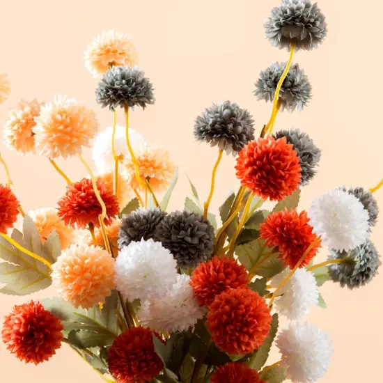 Pompon Mum Artificial Flowers, Orange Silk Faux Chrysanthemum Balls Fall Mini Chrysanth {5}