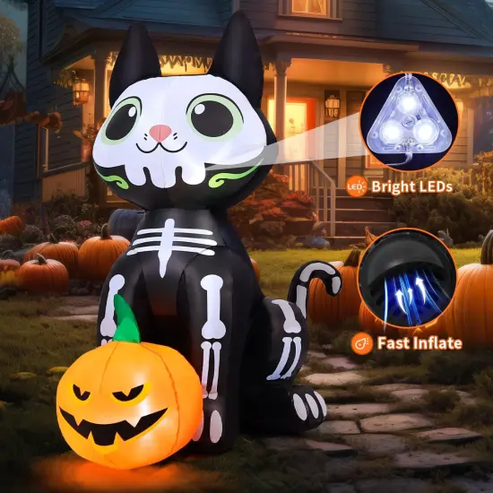 5 FT Halloween Inflatables - Skeleton Cat with Pumpkin Built-in LEDs {3}