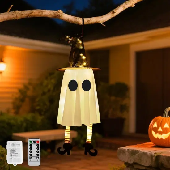 1 Pack Halloween Hanging Ghosts with Witch Hat - White {2}