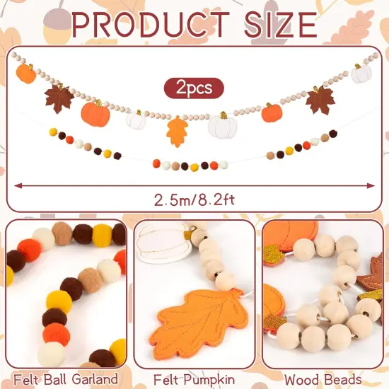 2 Pcs Felt Pumpkin Leaves Garland and Wood Bead - Orange and White {2}