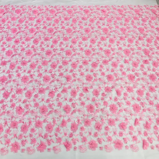 1 Yard Beaded 3D Floral Lace Fabric Embroidered Couture Mesh Dress 49" Width Pink {1}