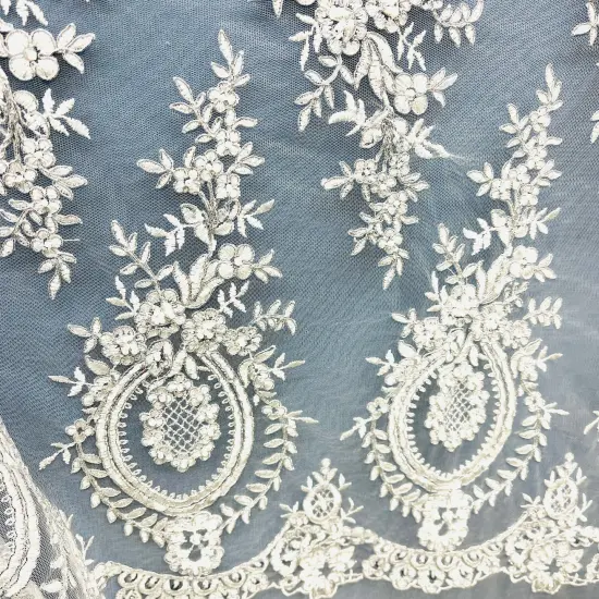 1 Yard White Beaded & Corded Embroidered Lace Fabric, 100% Polyester Mesh, 48" Wide, Elegant Fabrication for Gowns & D&eacute;cor White with Silver {6}