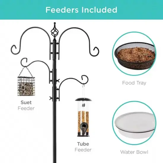 89" Metal Bird Feeder Station with Hanging Hooks and Water Bowl Seed Tray 4 Feeder Options Black {5}