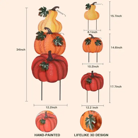 Outdoor Fall Decorations for Home, 34" Decorative Garden Stakes with 3 Stacked Pumpkins for Fall Decor, Metal Yard Signs for Garden Home Lawn Patio Thanksgiving Decorations {3}