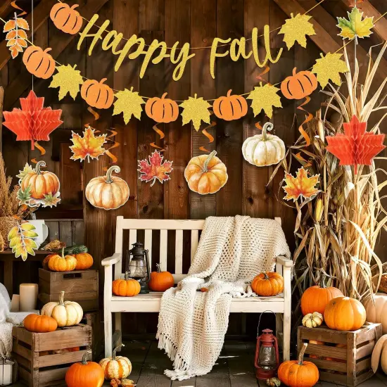 Happy Fall Party Decorations with Pre-Strung Pumpkin Banners and Hanging Swirls - Orange {5}