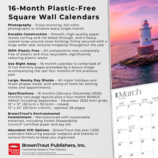 New England Lighthouses | 2026 12 x 24 Inch (Hanging) Monthly Square Wall Calendar | Plastic-Free {6}