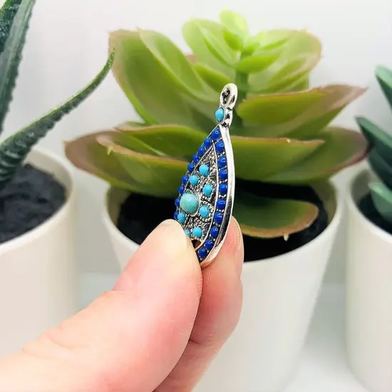 Antique Silver and Blue Boho Teardrop Charms, 29x17mm {4}