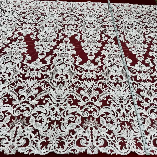 1 Yard Beaded Corded Bridal Lace Fabric on 100% Polyester Net Mesh, 53" Wide, Elegant Embroidered Design Gold {5}