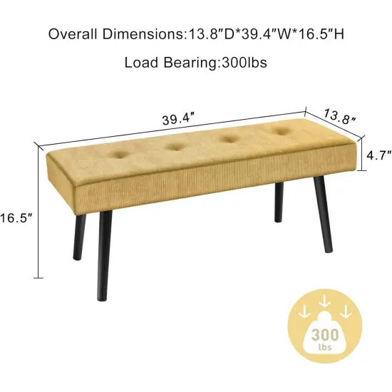 Modern Corduroy Upholstered End of Bed Searing Bench with Black Metal Legs for Living Room Yellow {2}