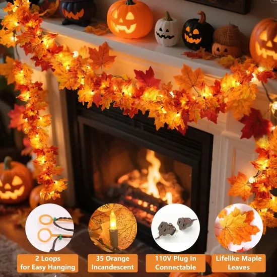 1 Pack Fall Leaf Garland with Lights -35 Orange Bulbs (Orange-Maple) {2}