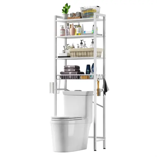 Over the Toilet Storage Shelf with 4 Tiers Adjustable Shelves and Hooks Freestanding Metal White {6}